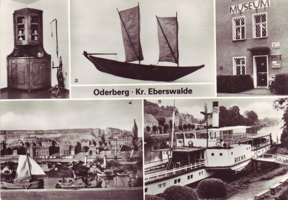 Postkarte Oderberg, Fünf-Ansichten-Karte des Binnenschifffahrts-Museums, 1986 (Binnenschifffahrtsmuseum Oderberg CC BY-NC-SA)