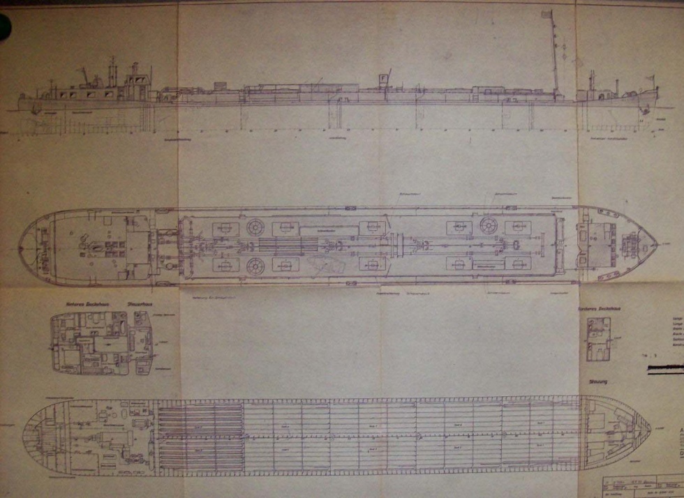 Binnentanker für die NVA (Seestreitkräfte), Typ &quot;Gustav Koenigs&quot;, Konstruktionszeichnung (Binnenschifffahrtsmuseum Oderberg CC BY-NC-SA)