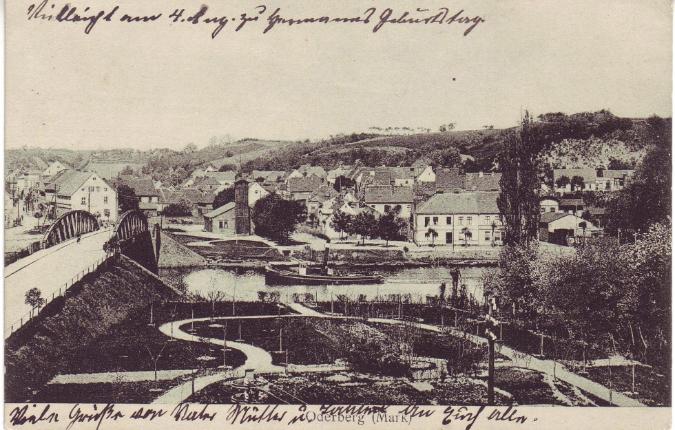 Postkarte Oderberg, Stadtansicht östliche Brückenseite, 1928 (Binnenschifffahrtsmuseum Oderberg CC BY-NC-SA)