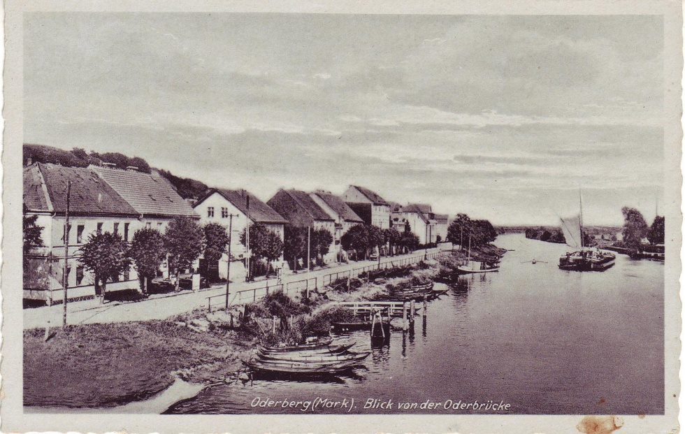 Postkarte Oderberg, Blick von der Oderbrücke gen Osten, 1942 (Binnenschifffahrtsmuseum Oderberg CC BY-NC-SA)