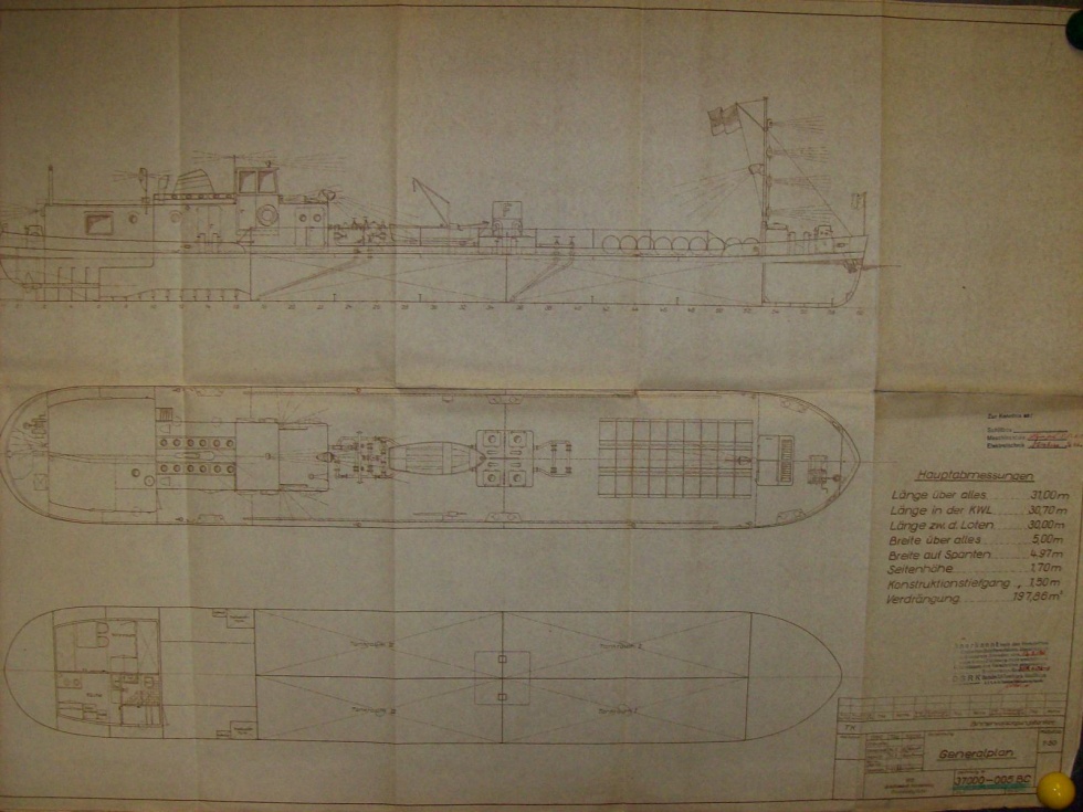 Konstruktionszeichnung für Binnenversorgungstanker (Binnenschifffahrtsmuseum Oderberg CC BY-NC-SA)