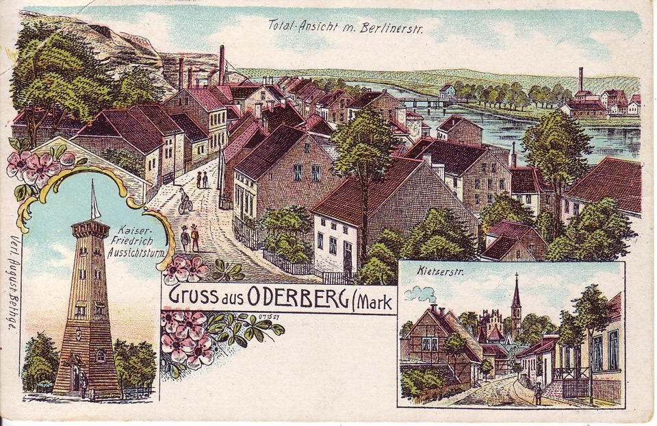 Postkarte Oderberg, Berliner Str., Kaiser-Friedrich-Turm, Kietzstr., um 1900 (Binnenschifffahrtsmuseum Oderberg CC BY-NC-SA)