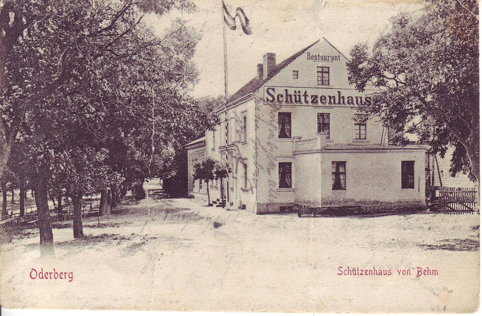 Postkarte Oderberg Schützenhaus Behm von 1905 (Binnenschifffahrtsmuseum Oderberg CC BY-NC-SA)