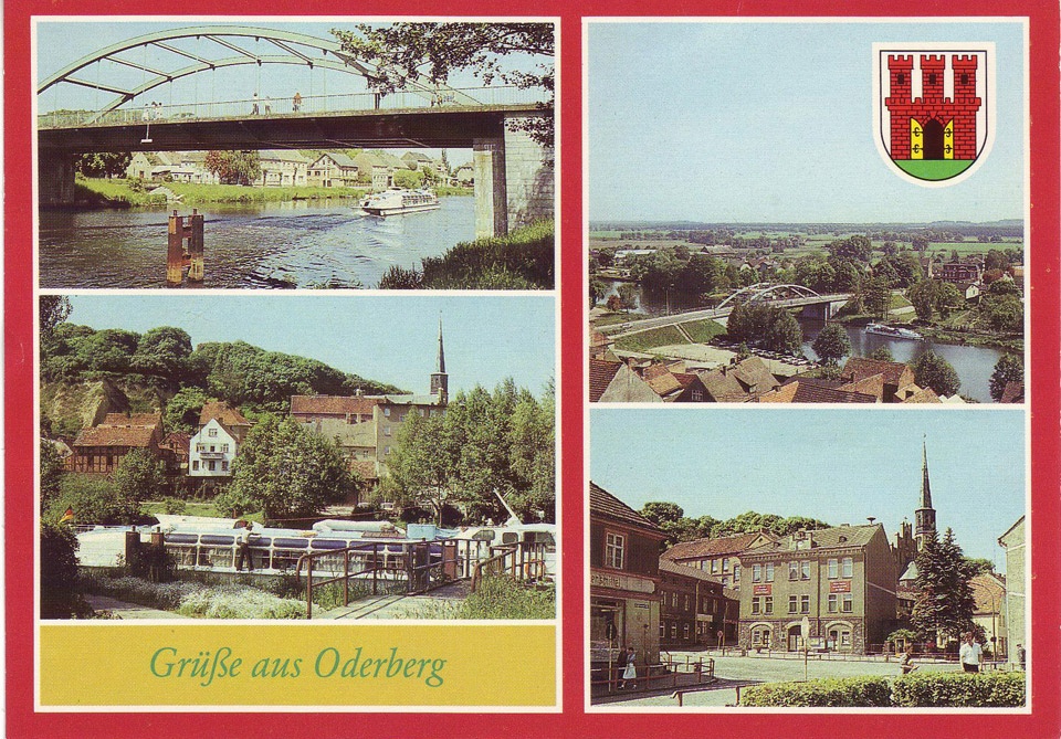 Postkarte Oderberg, Vier-Ansichten-Karte, 1989 (Binnenschifffahrtsmuseum Oderberg CC BY-NC-SA)