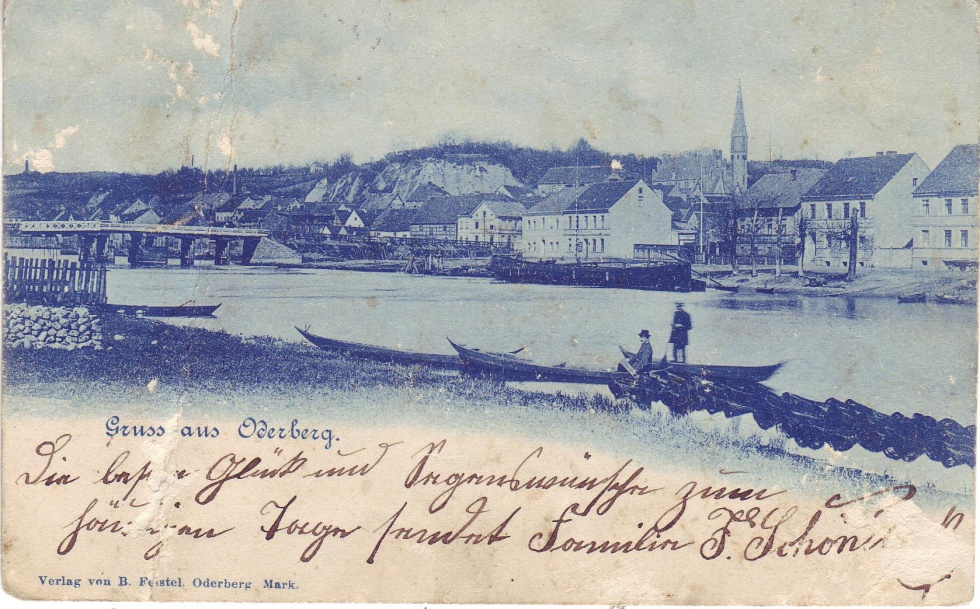 Postkarte Oderberg, monochrome (blau) Stadtansicht (heutiges Puschkinufer), 1899 (Binnenschifffahrtsmuseum Oderberg CC BY-NC-SA)