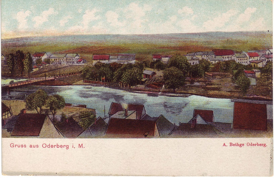 Postkarte Oderberg, koloriert, Blick vom Albrechtsberg, 1920er/1930er Jahre (Binnenschifffahrtsmuseum Oderberg CC BY-NC-SA)