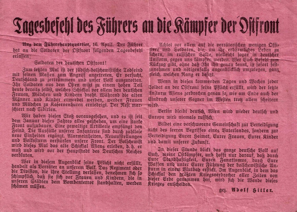 Tagesbefehl vom 16. April 1945 (Gedenkstätte Seelower Höhen CC BY-NC-SA)