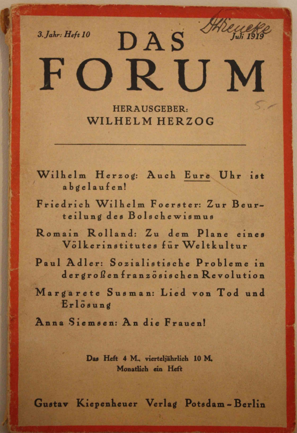 Das Forum, Juli 1919 (Kurt Tucholsky Literaturmuseum CC BY-NC-SA)