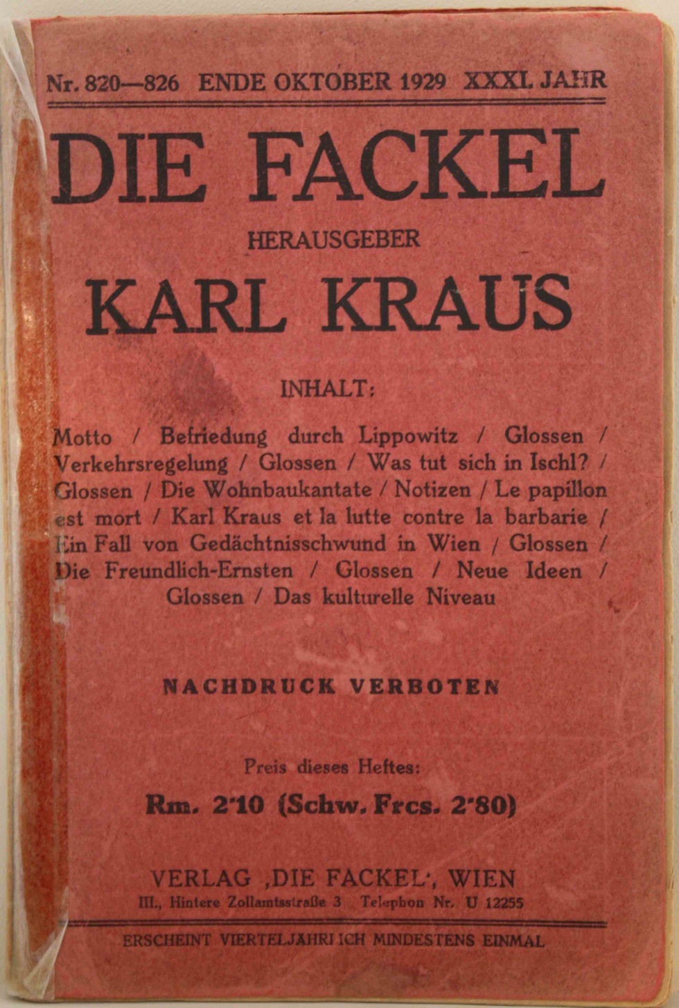 Die Fackel, Oktober 1929 (Kurt Tucholsky Literaturmuseum CC BY-NC-SA)