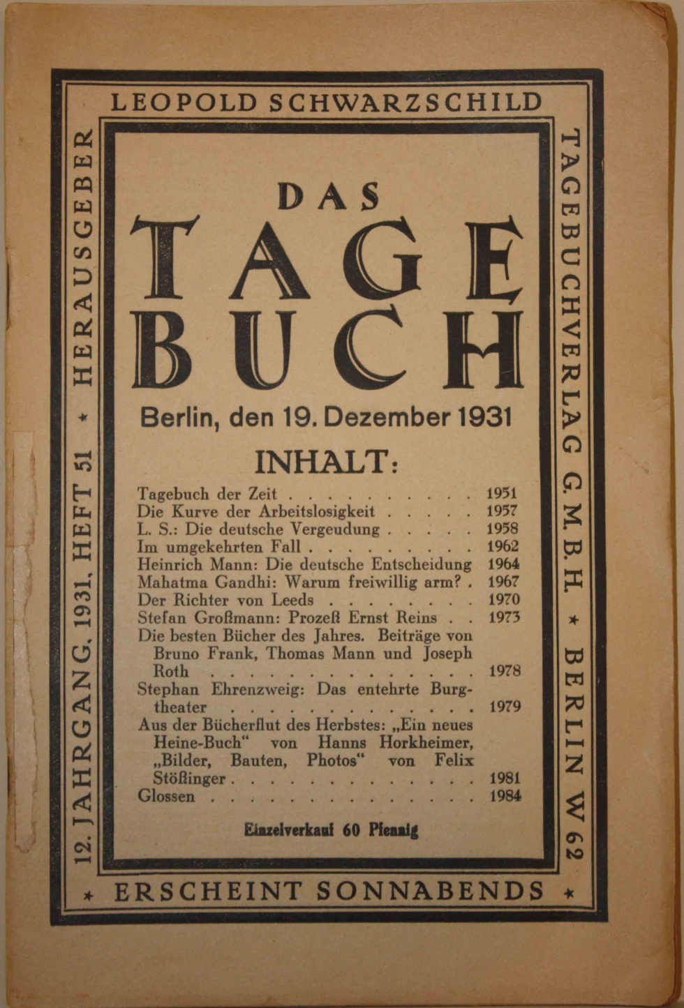Das Tagebuch, Dezember 1931 (Kurt Tucholsky Literaturmuseum CC BY-NC-SA)