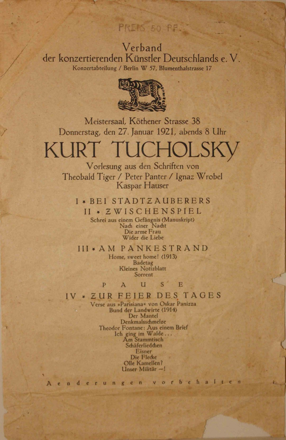 Programmzettel vom Verband der konzertierenden Künstler Deutschlands e.V. (Kurt Tucholsky Literaturmuseum CC BY-NC-SA)