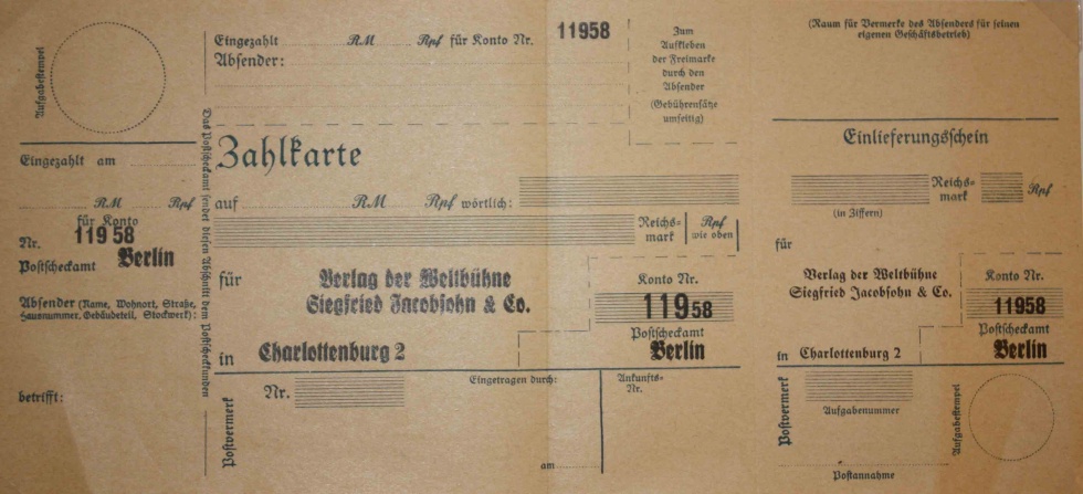 Zahlkarte für den Verlag der Weltbühne (Kurt Tucholsky Literaturmuseum CC BY-NC-SA)