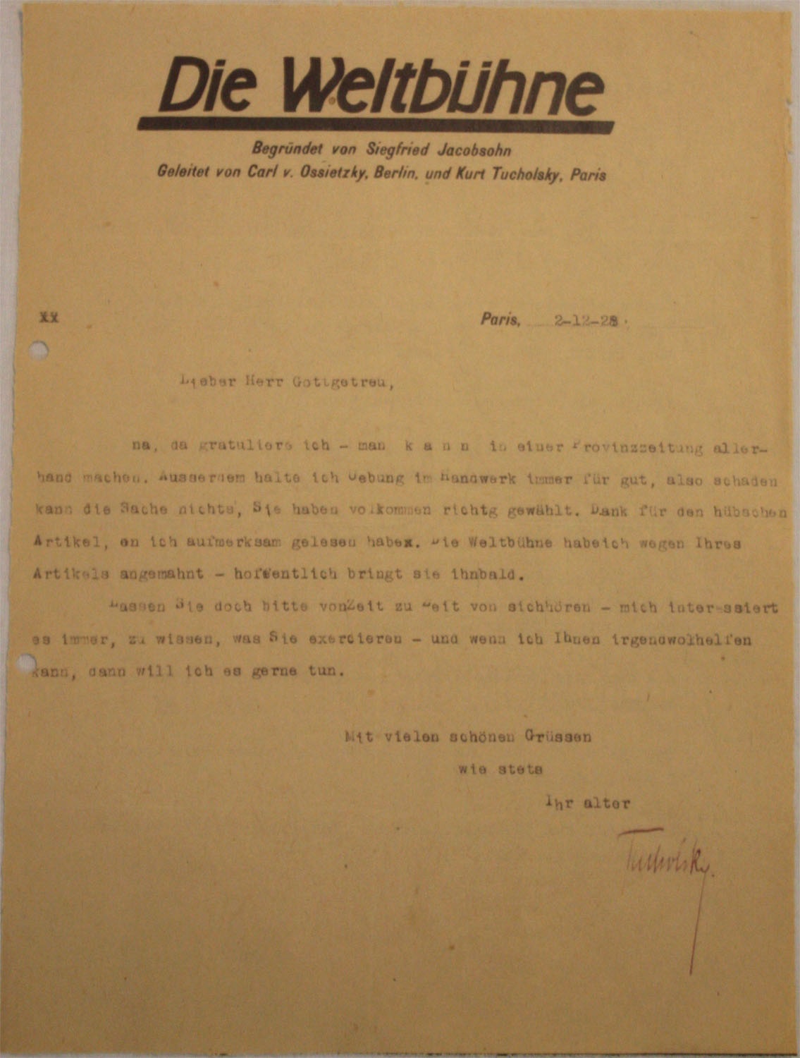 Brief an Erich Gottgetreu, 1928 (Kurt Tucholsky Literaturmuseum CC BY-NC-SA)