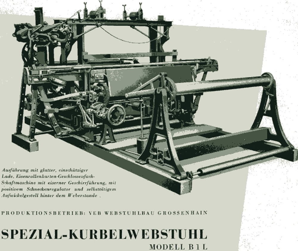 Faltblatt &quot;Spezial-Kurbelwebstuhl Modell B 1 L und B 1 LJ&quot; (Brandenburgisches Textilmuseum Forst (Lausitz) CC BY-NC-SA)