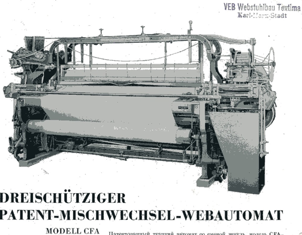 Faltblatt &quot;Dreischütziger Patent-Mischwechsel- Webautomat Modell CFA&quot; (Brandenburgisches Textilmuseum Forst (Lausitz) CC BY-NC-SA)