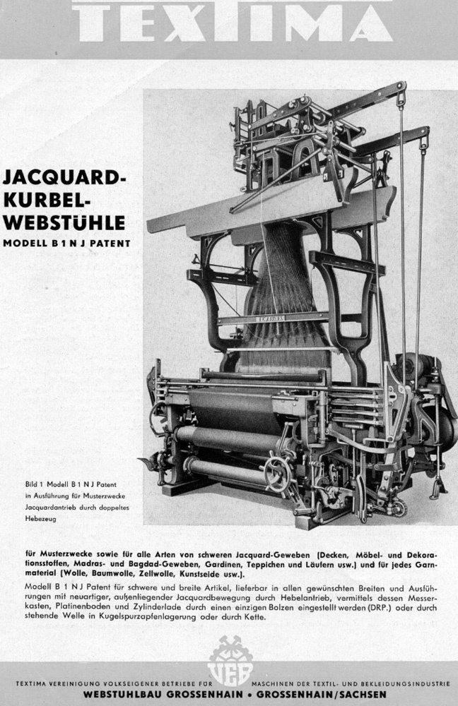 Faltblatt &quot;Jacquard-Kurbel-Webstühle Modell B 1 N J Patent&quot; (Brandenburgisches Textilmuseum Forst (Lausitz) CC BY-NC-SA)