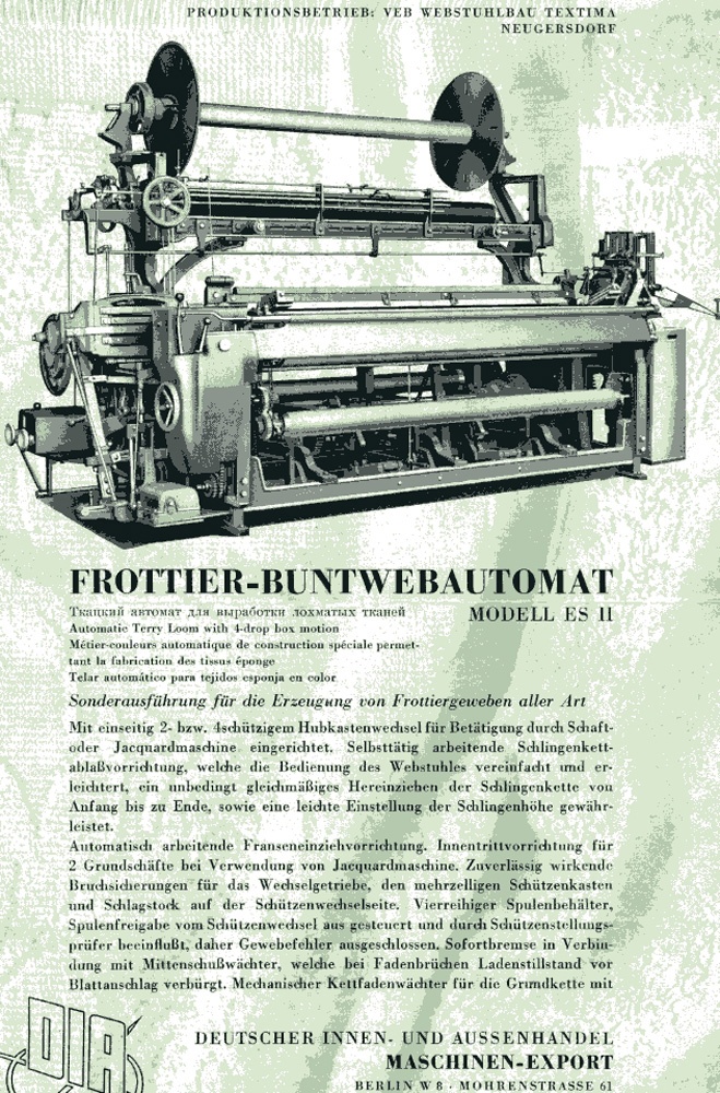 Faltblatt &quot;Frottier-Buntwebautomat Modell ES II&quot; (Brandenburgisches Textilmuseum Forst (Lausitz) CC BY-NC-SA)