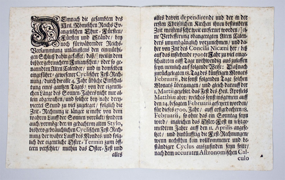 Anweisung des Herzogs Johann Georg von Sachsen-Weißenfels für die Kalenderumstellung 1700 (Museum im Mönchenkloster Jüterbog CC BY-NC-SA)