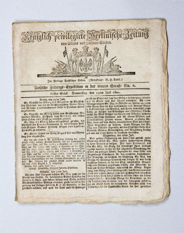 Vossische Zeitung von 1821 (Stadt- und Regionalmuseum Lübben CC BY-NC-SA)