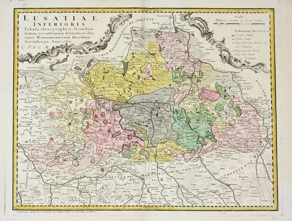 Karte der Niederlausitz mit Randgebieten Kursachsens, Oberlausitz, Schlesiens. Lusatiae inferioris (Kreismuseum Finsterwalde CC BY-NC-SA)