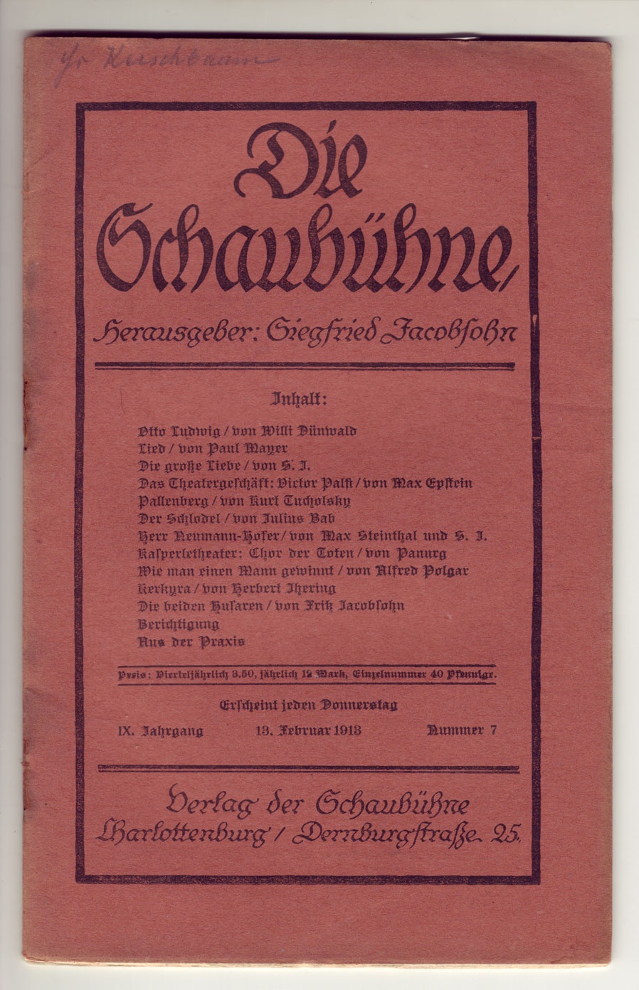 &quot;Die Schaubühne&quot;, 13. Februar 1918 (Kurt Tucholsky Literaturmuseum CC BY-NC-SA)