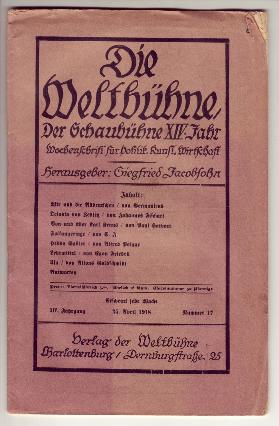 &quot;Die Weltbühe&quot;, 25. April 1918 (Kurt Tucholsky Literaturmuseum CC BY-NC-SA)