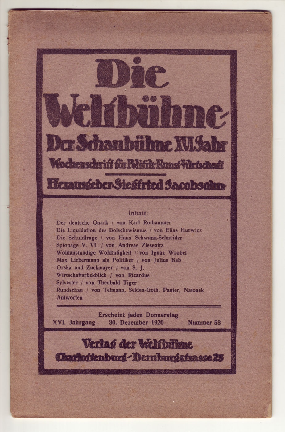 &quot;Die Weltbühne&quot;, 30. Dezember 1920 (Kurt Tucholsky Literaturmuseum CC BY-NC-SA)