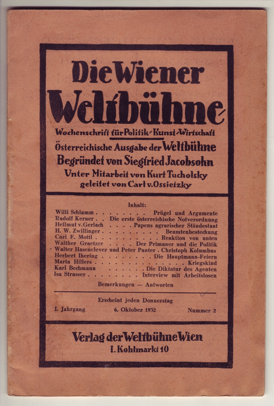 &quot;Die Wiener Weltbühne&quot;, 6. Oktober 1932 (Kurt Tucholsky Literaturmuseum CC BY-NC-SA)