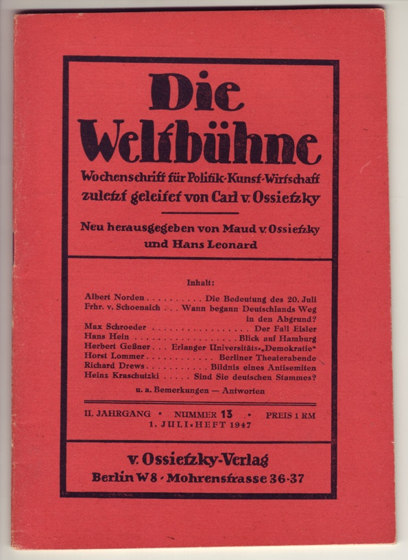 &quot;Die Weltbühne&quot;, 1. Juli 1947 (Kurt Tucholsky Literaturmuseum CC BY-NC-SA)