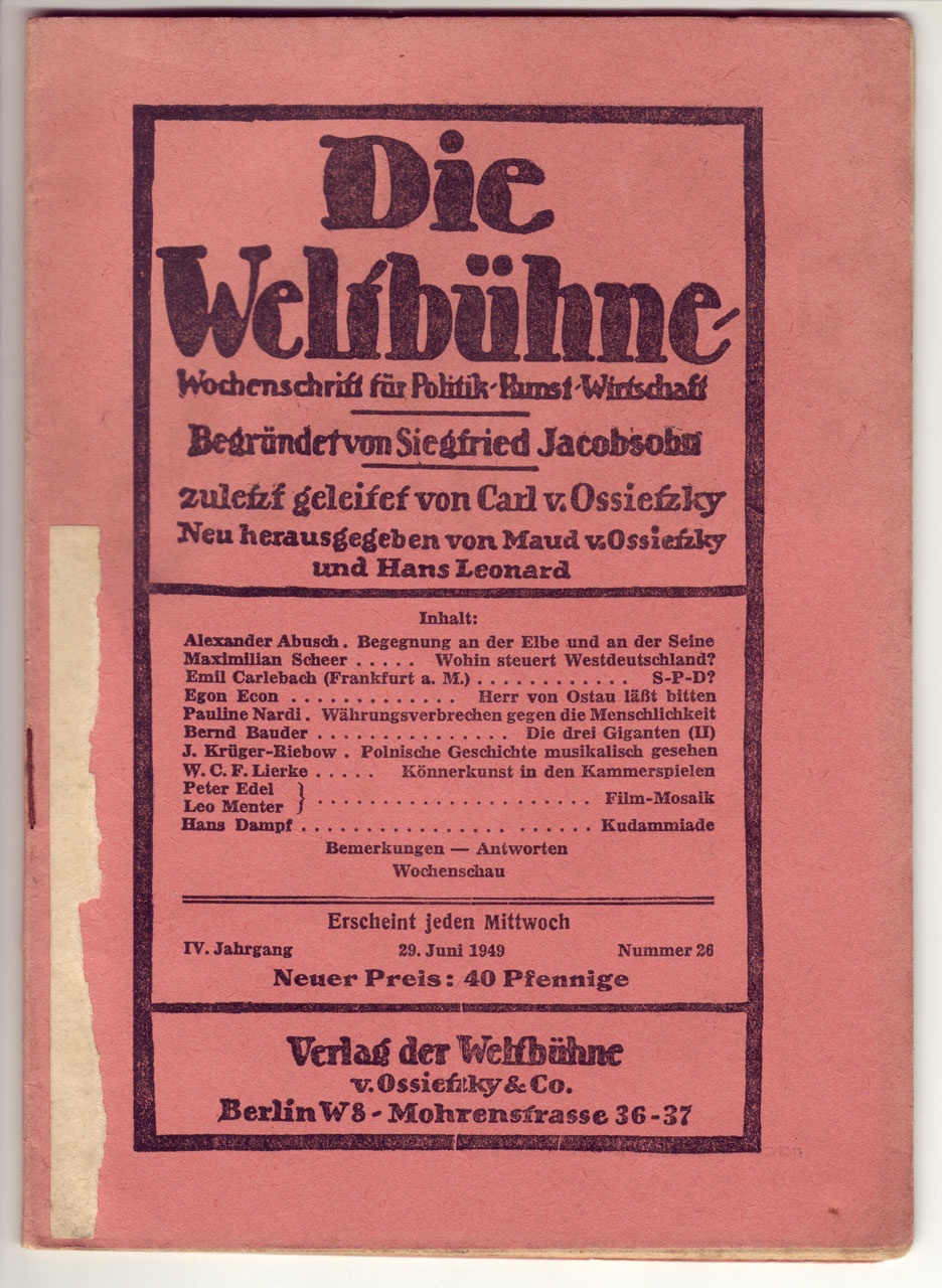 &quot;Die Weltbühne&quot;, 29. Juni 1949 (Kurt Tucholsky Literaturmuseum CC BY-NC-SA)