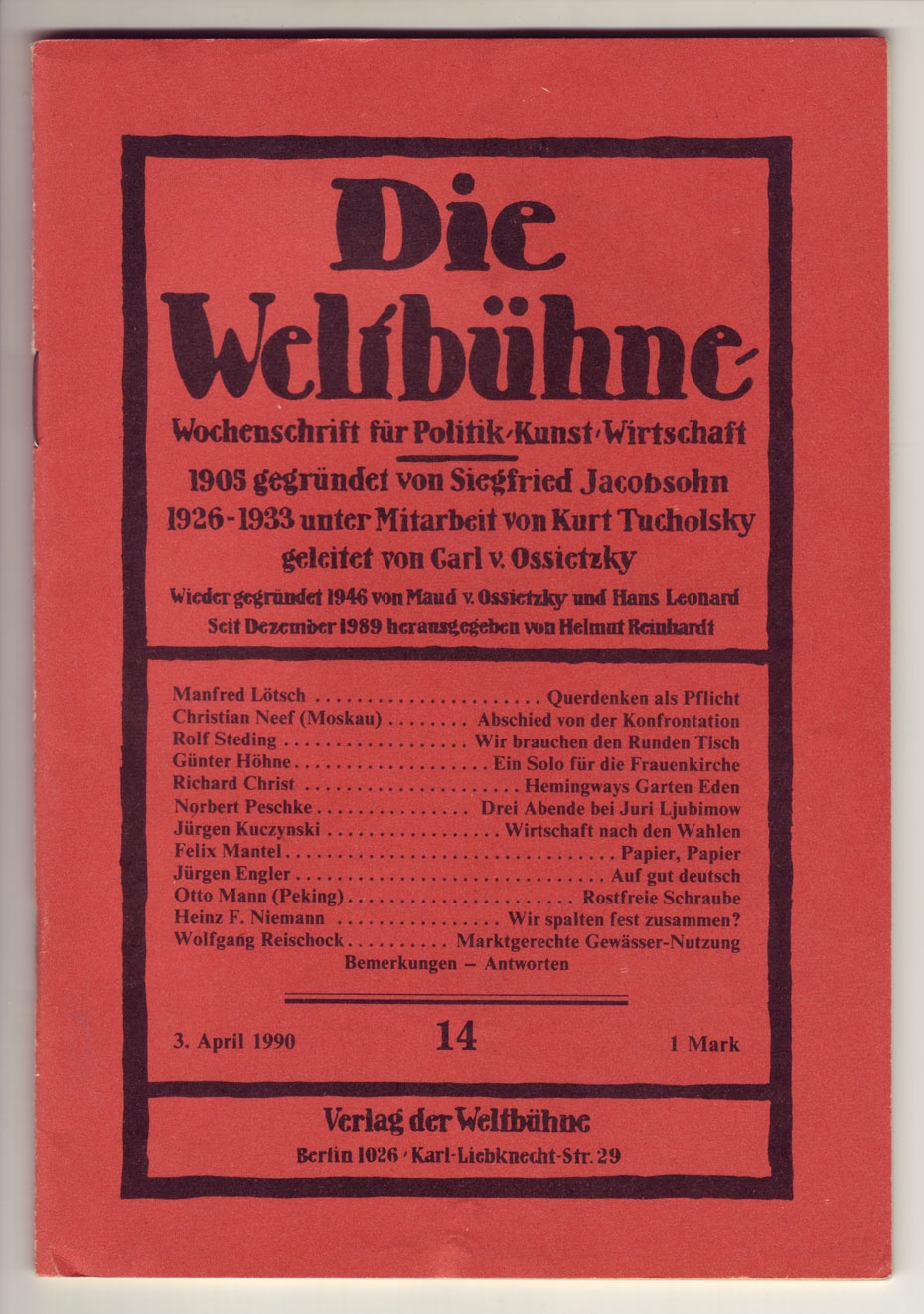 &quot;Die Weltbühne&quot;, 3. April 1990 (Kurt Tucholsky Literaturmuseum CC BY-NC-SA)