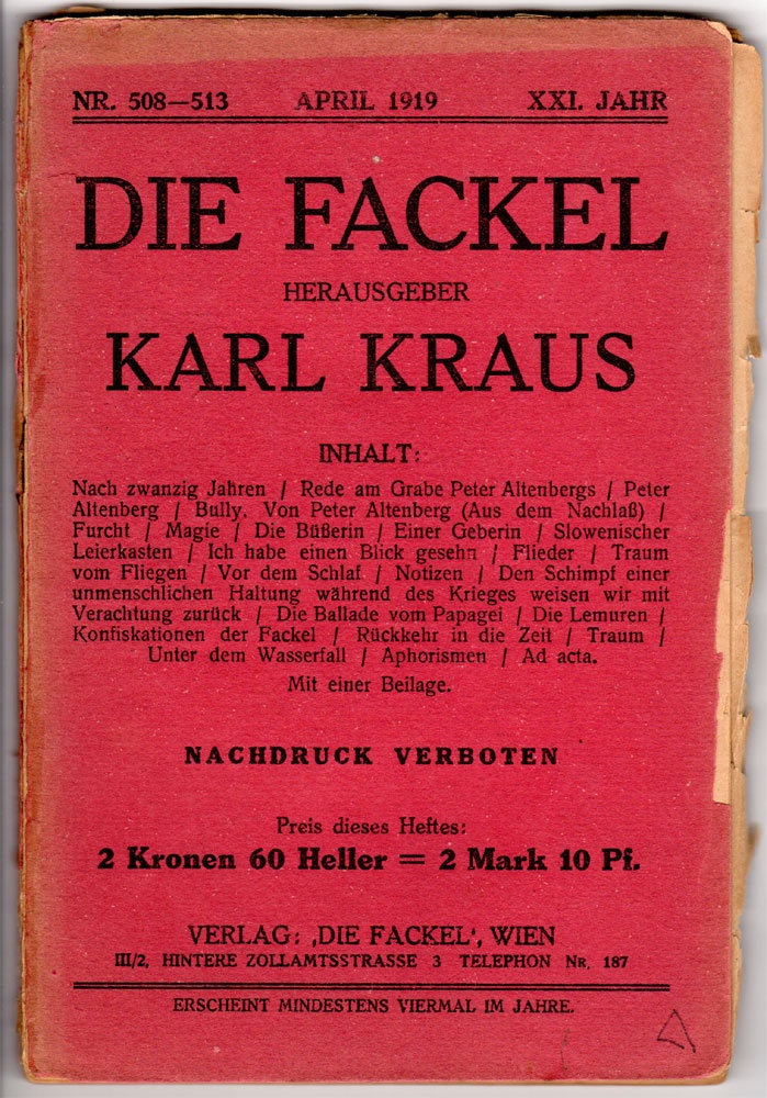 Die Fackel, April 1919, Titelseite (Kurt Tucholsky Literaturmuseum CC BY-NC-SA)