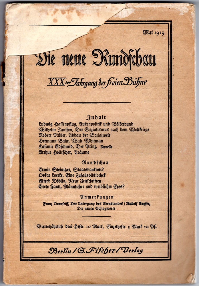 &quot;Die Neue Rundschau&quot;, Mai 1919 (Kurt Tucholsky Literaturmuseum CC BY-NC-SA)