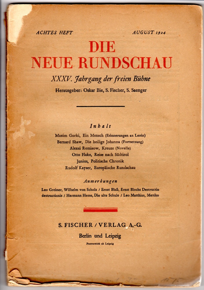 &quot;Die Neue Rundschau&quot;, August 1924 (Kurt Tucholsky Literaturmuseum CC BY-NC-SA)