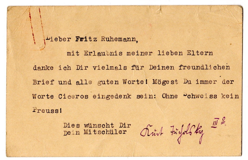Postkarte Tucholskys an Fritz Ruhemann, 1931 (Kurt Tucholsky Literaturmuseum CC BY-NC-SA)