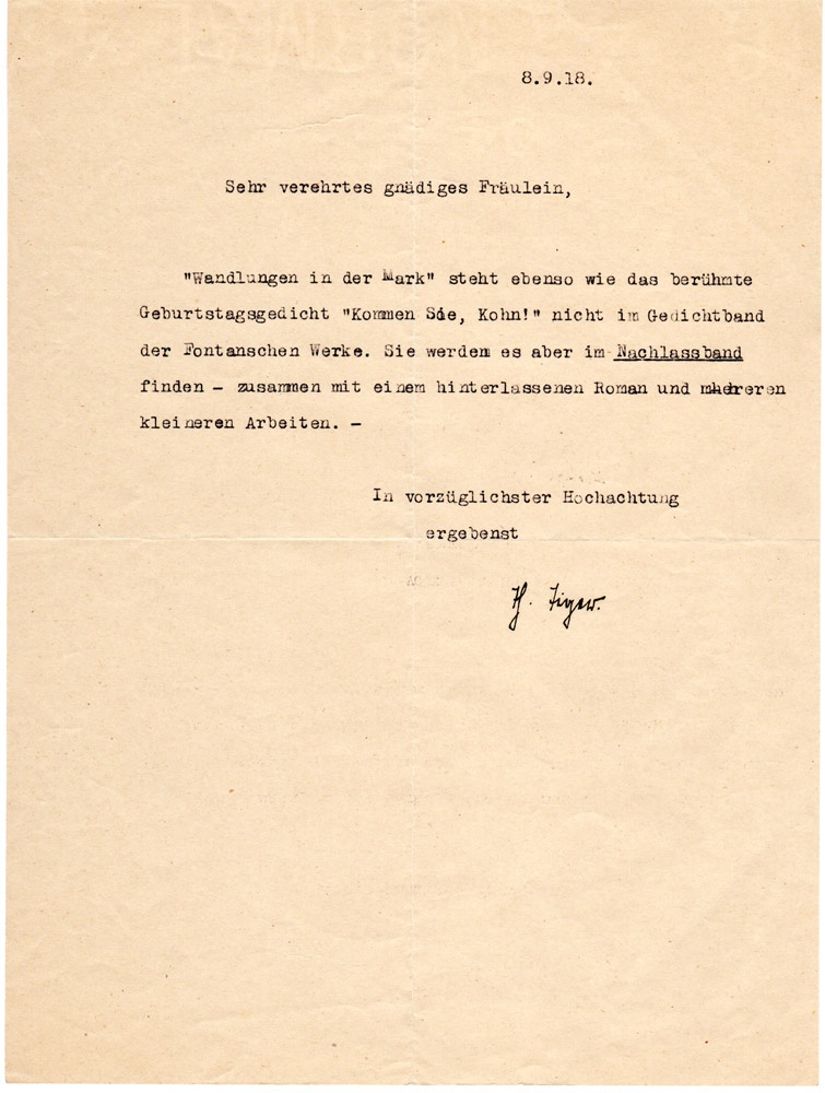Brief Theobald Tigers an &quot;verehrtes gnädiges Fräulein&quot; (Kurt Tucholsky Literaturmuseum CC BY-NC-SA)