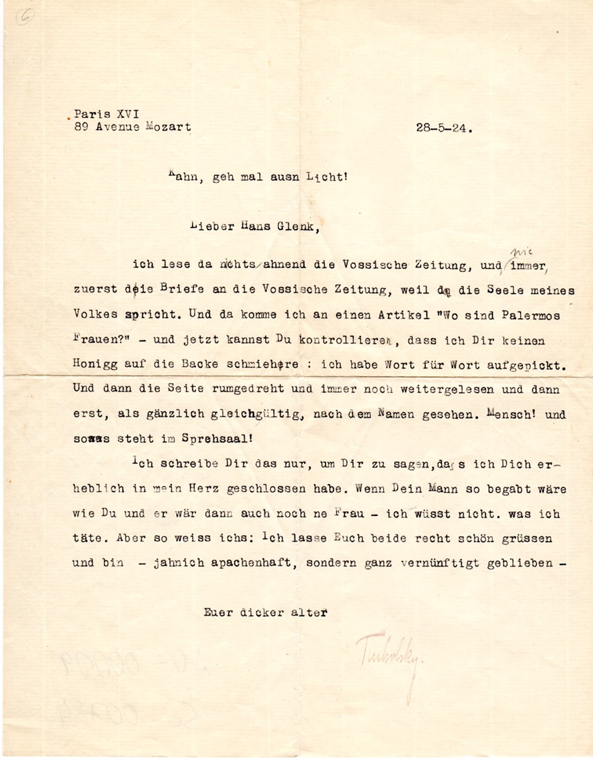 Brief Tucholskys an Hans Glenk, 1924 (Kurt Tucholsky Literaturmuseum CC BY-NC-SA)