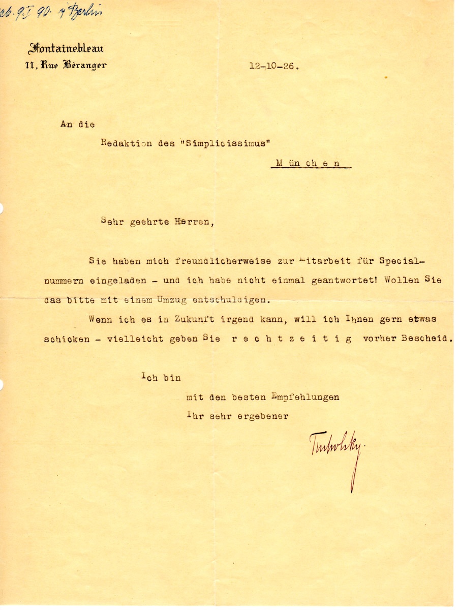 Brief Tucholskys an (Kurt Tucholsky Literaturmuseum CC BY-NC-SA)