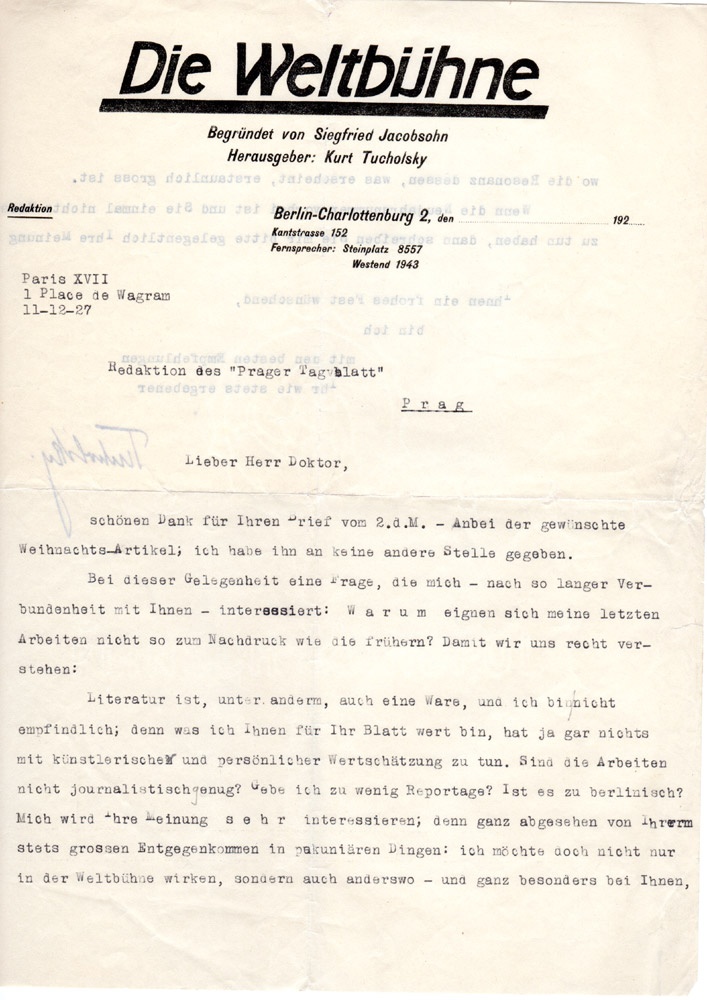 Brief Tucholskys an die Redaktion des &quot;Prager Tageblatt&quot;, 1927 (Kurt Tucholsky Literaturmuseum CC BY-NC-SA)