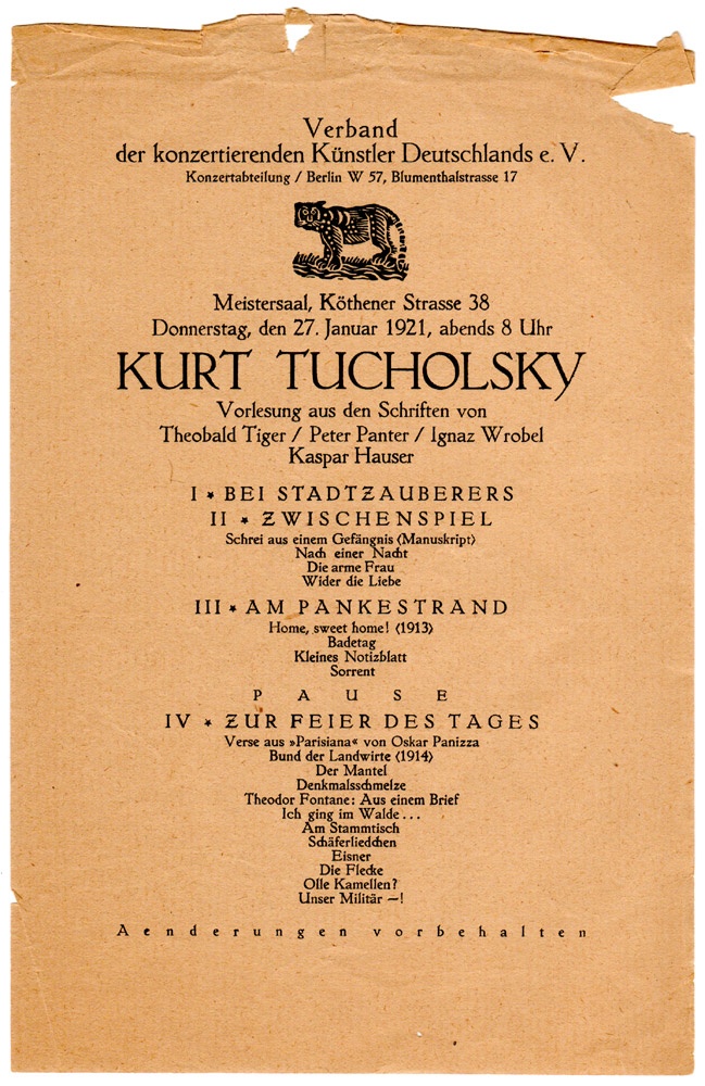 Ankündigungsblatt zu einer Tucholsky-Vorlesung, 1921 (Kurt Tucholsky Literaturmuseum CC BY-NC-SA)