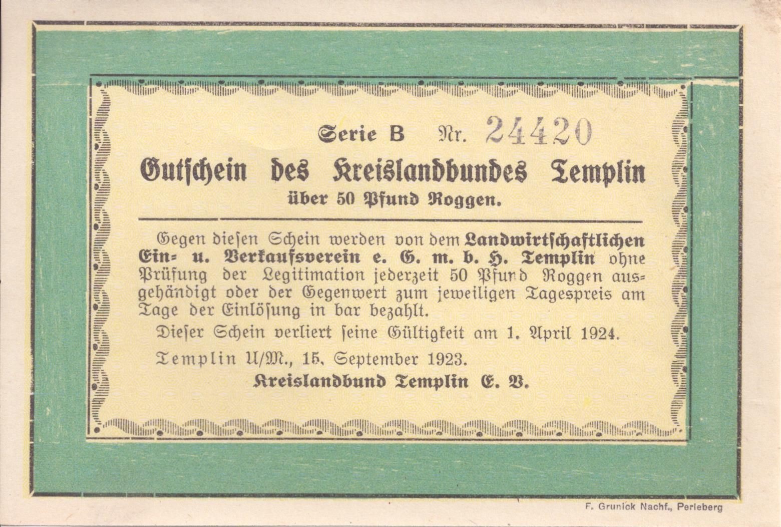 Gutschein für 50 Pfund Roggen  (Museum für Stadtgeschichte Templin CC BY-NC-SA)