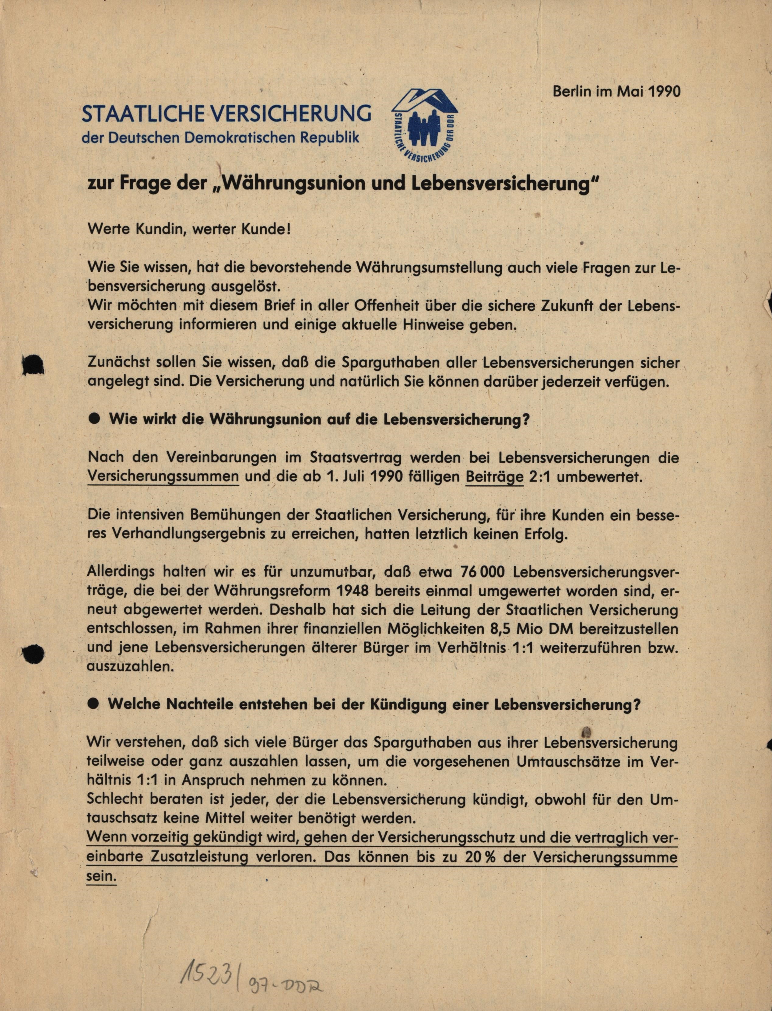 Informationsblatt der Staatlichen Versicherung der DDR zur Frage „Lebensversicherung und Währungsunion“ (Museum Utopie und Alltag. Alltagskultur und Kunst aus der DDR CC BY-NC-SA)
