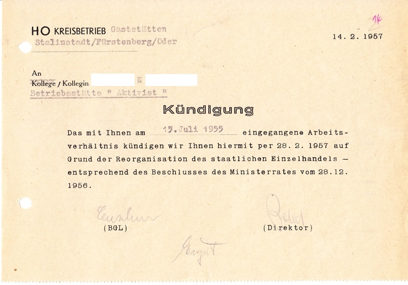 Kündigungsschreiben aus Eisenhüttenstadt (Museum Utopie und Alltag. Alltagskultur und Kunst aus der DDR CC BY-NC-SA)