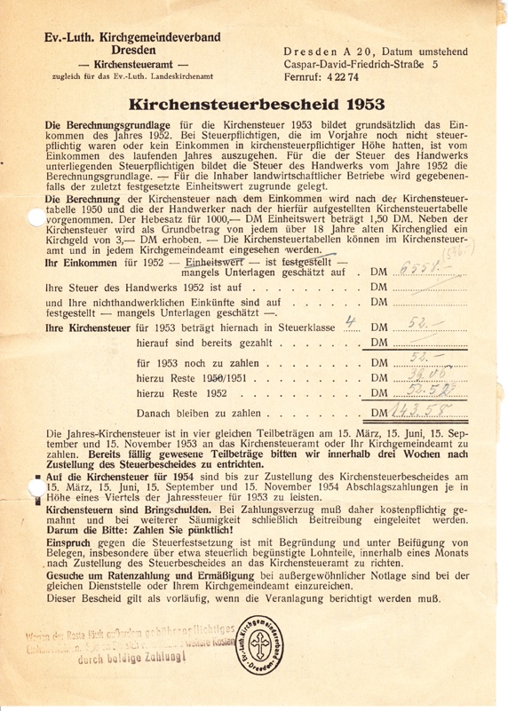 Kirchensteuerbescheid 1953 (Museum Utopie und Alltag. Alltagskultur und Kunst aus der DDR CC BY-NC-SA)