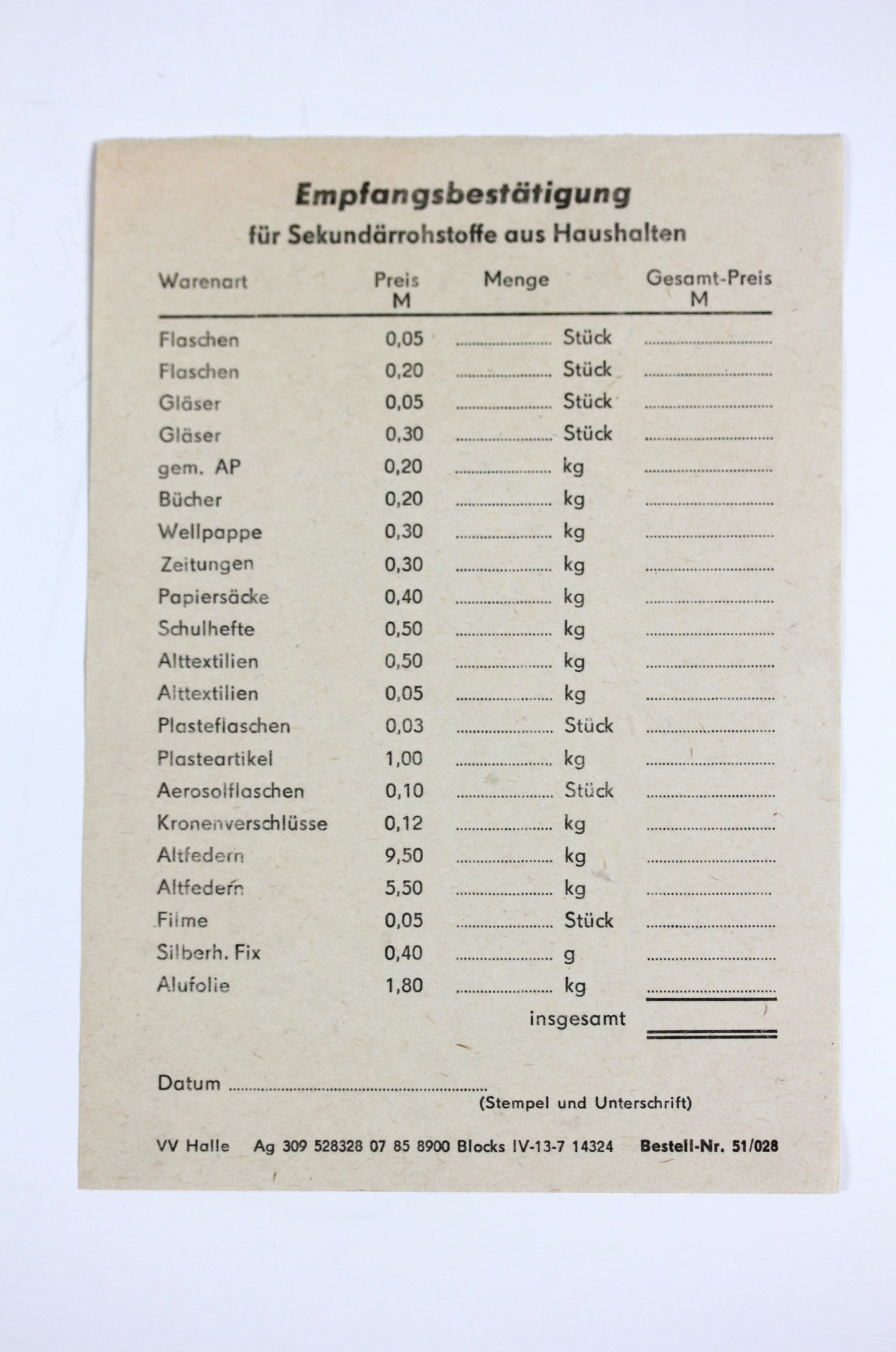 Empfangsbestätigung Altstoffe (Museum Utopie und Alltag. Alltagskultur und Kunst aus der DDR CC BY-NC-SA)