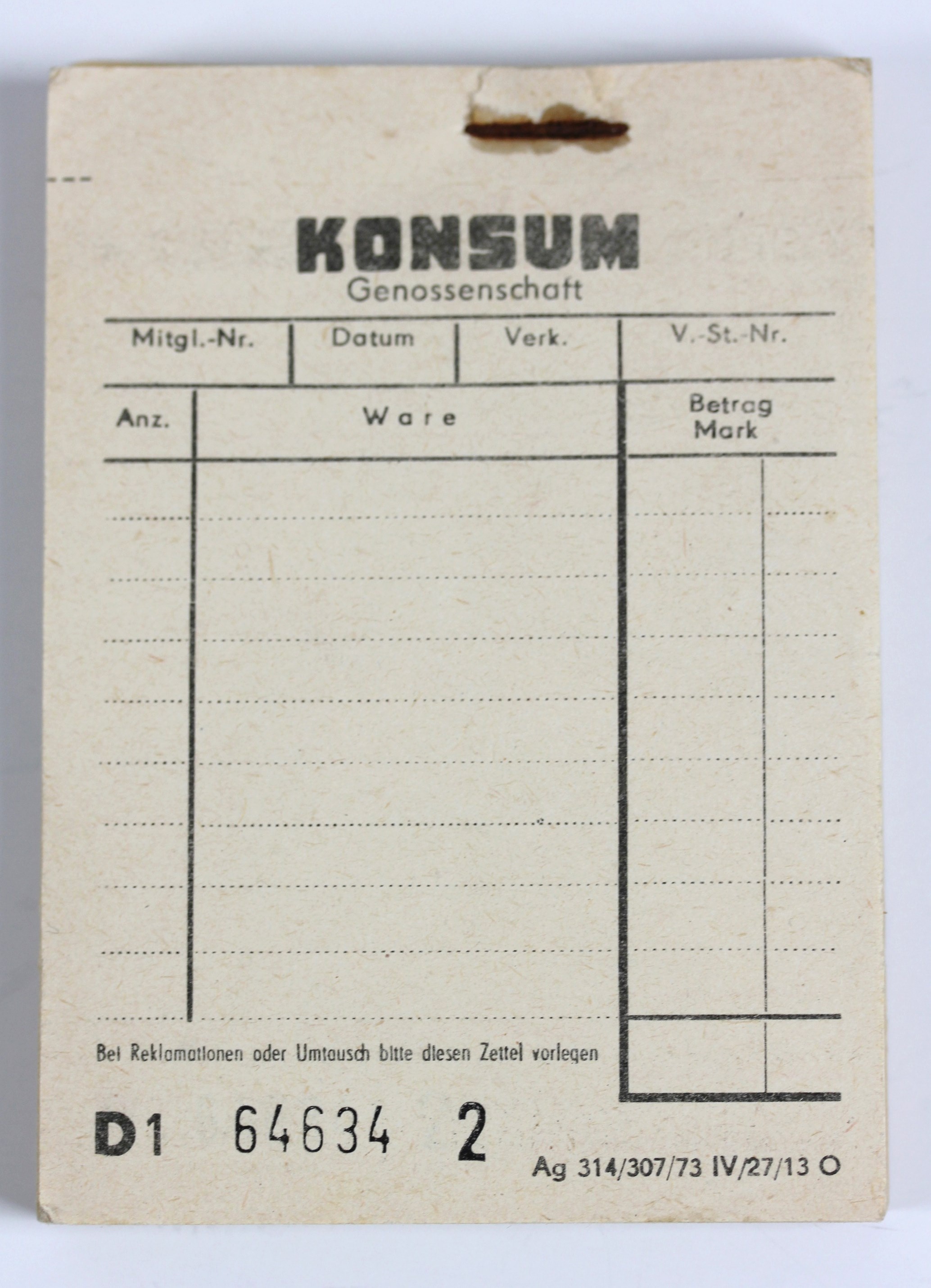 Kassenblock der Konsumgenossenschaft (Museum Utopie und Alltag. Alltagskultur und Kunst aus der DDR CC BY-NC-SA)