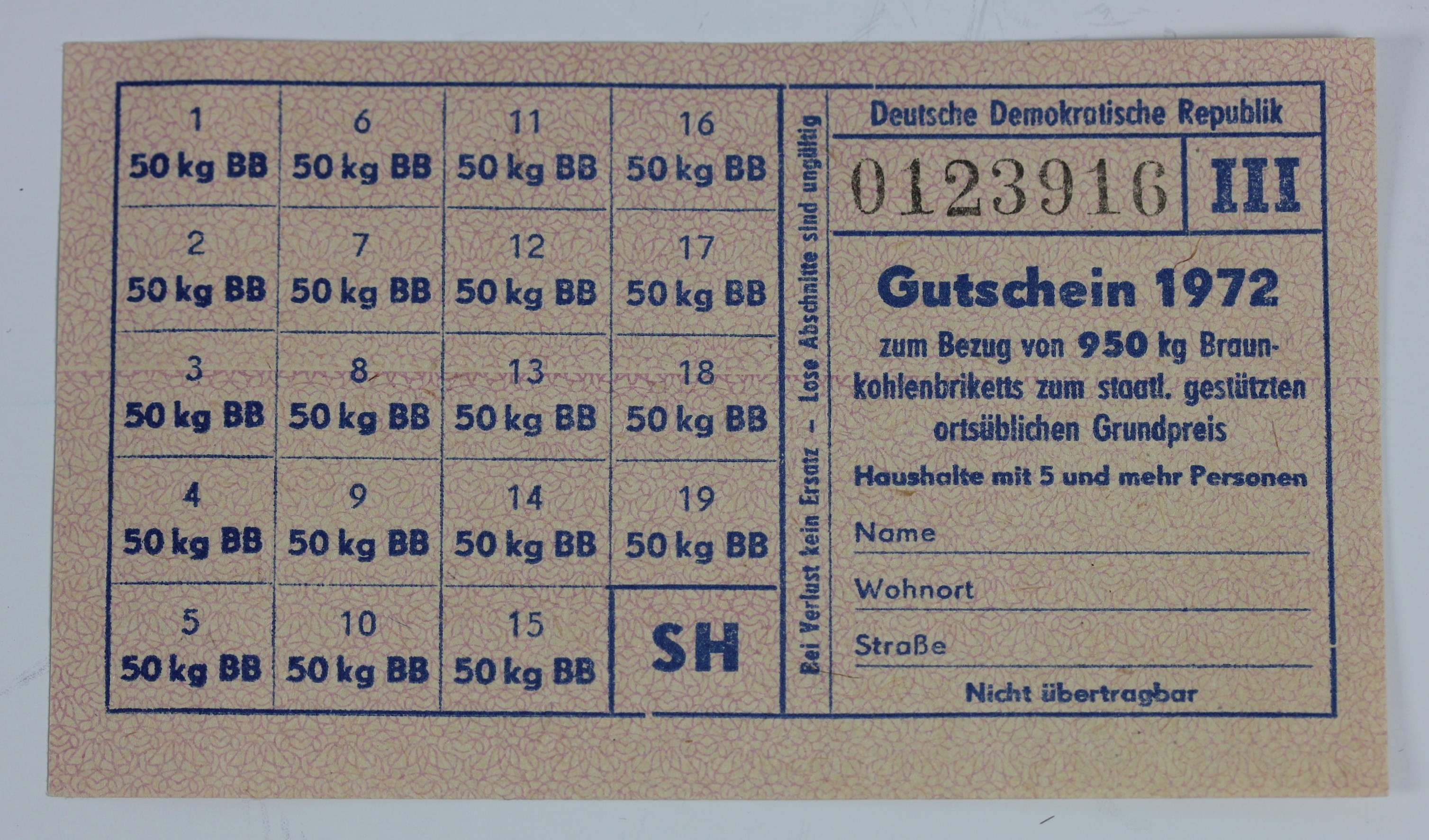Gutschein für Braunkohlebriketts (Museum Utopie und Alltag. Alltagskultur und Kunst aus der DDR CC BY-NC-SA)