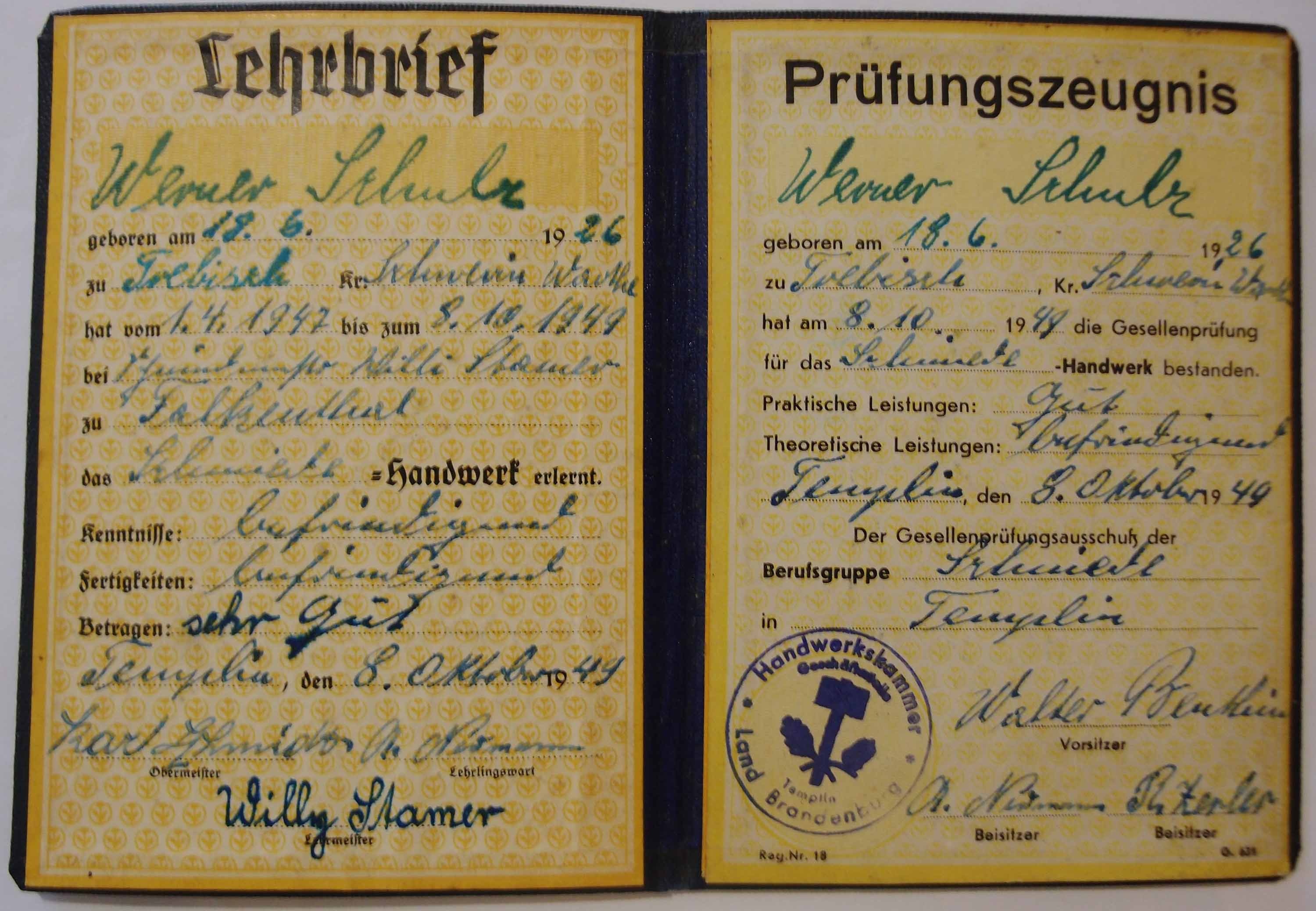 Lehrbrief, Prüfungszeugnis (Museum für Stadtgeschichte Templin CC BY-NC-SA)