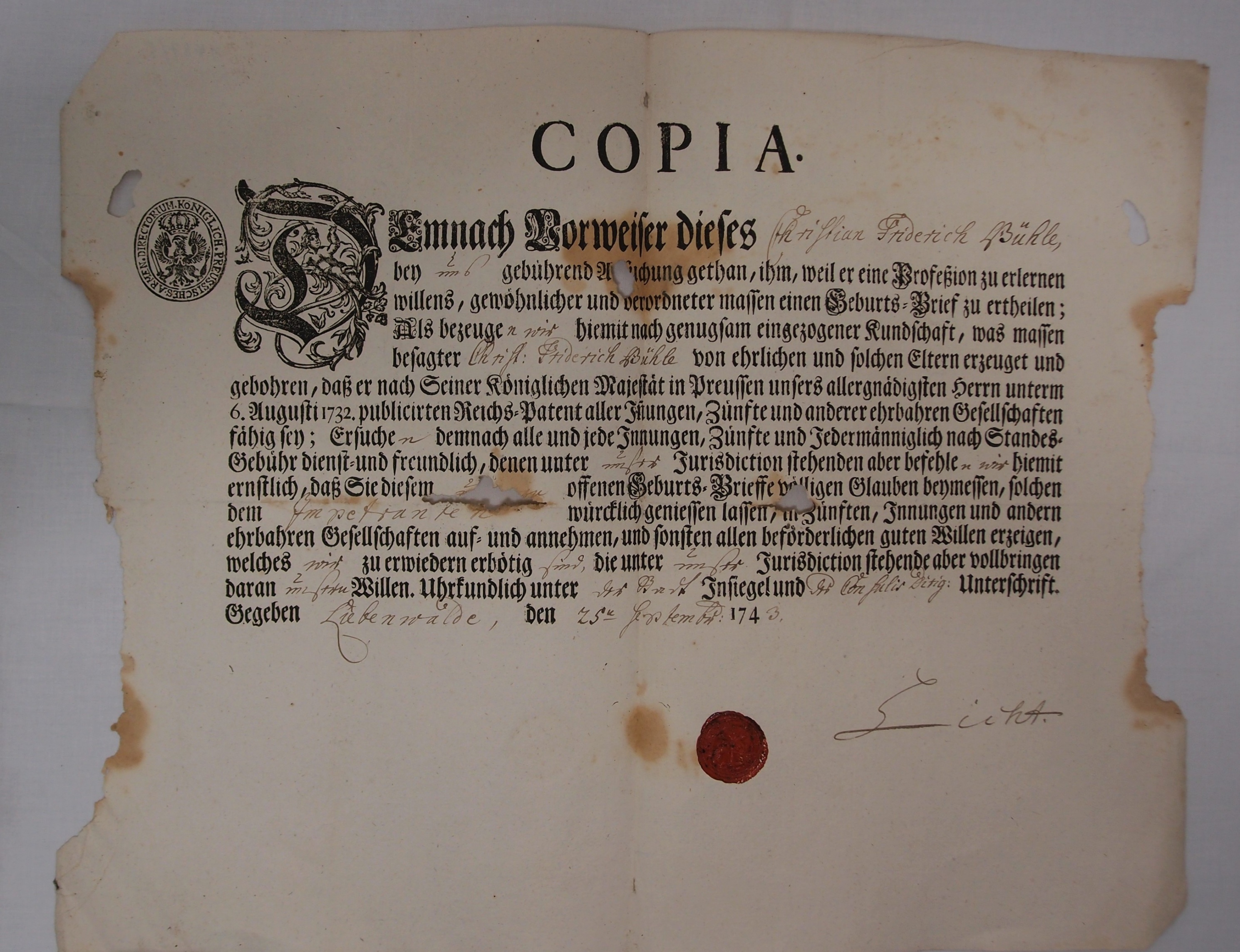 Copia. Geburts-Brief Christian Friedrich Bühle (Museum für Stadtgeschichte Templin CC BY-NC-SA)