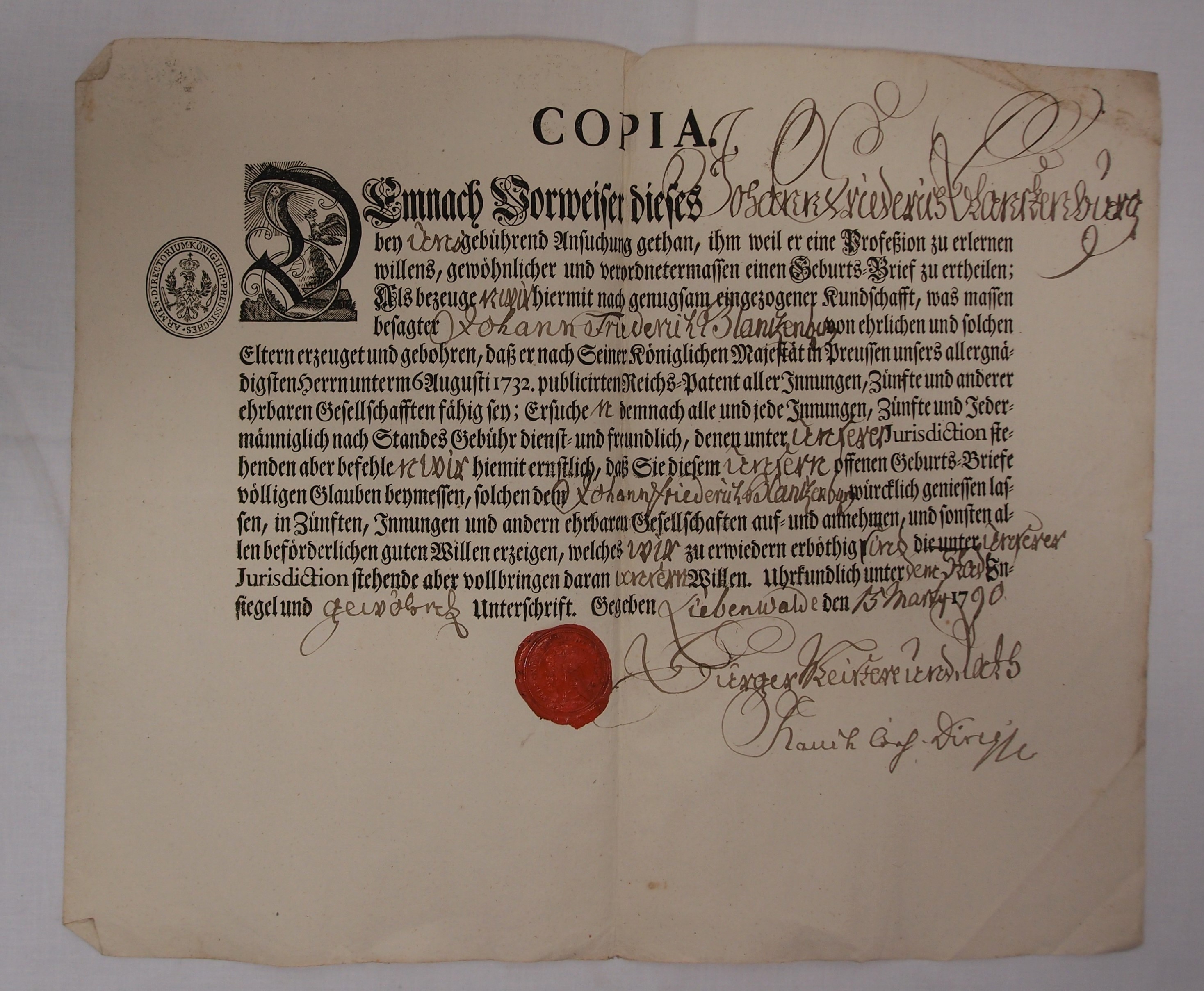 Copia. Geburts-Brief Johann Friedrich Blankenburg (Museum für Stadtgeschichte Templin CC BY-NC-SA)